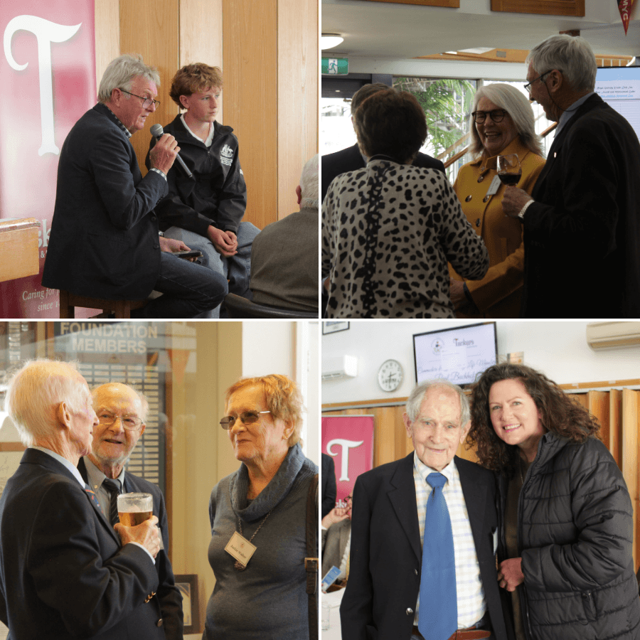 A collage of images from the Royal Geelong Yacht Club 50 year members lunch. Top left: Tony Bull interviewing cadet sailor Will Garner. Top right: 50 year members laughing and chatting. Bottom left: 50 year members chatting at the lunch. Bottom right: 101 year old member Jack Anderson poses with a guest.